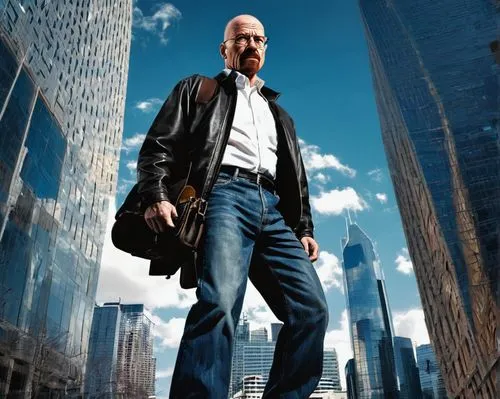 Buff Walter White, mature man, muscular build, short grey hair, stern facial expression, glasses with thick frames, black leather jacket, white shirt, dark blue jeans, brown boots, holding a large bri