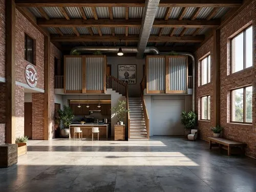 loft,fabrik,lofts,dojo,entrance hall,lobby,foyer,wooden beams,industrial hall,factory hall,freight depot,home interior,atriums,atrium,officine,entryway,waggonfabrik,render,frisian house,3d rendering