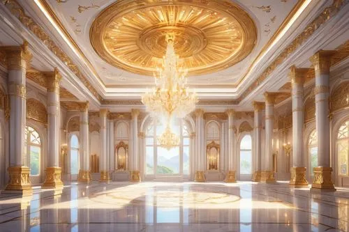 ornate room,ballroom,marble palace,neoclassical,opulence,gold wall,europe palace,neoclassicism,opulently,cochere,gold castle,opulent,grandeur,hall of the fallen,ballrooms,render,baccarat,3d render,3d rendering,theed,Illustration,Japanese style,Japanese Style 03