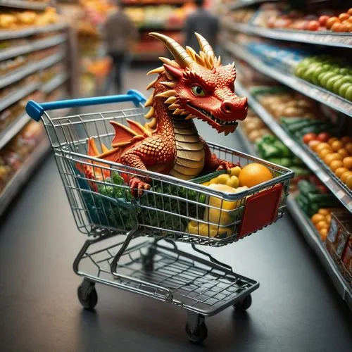 dragon drive supermarket shopping cart,a dragon sitting in a shopping cart full of produce,shopping basket,grocery basket,grocery shopping,grocery cart,grocery,tsengwen,toy shopping cart,shopping icon