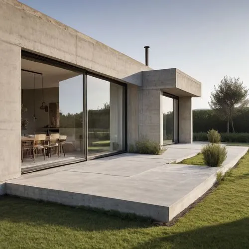 It is a modern single-story house of about 100 square meters, with large open windows at the front, exposed concrete-finished walls, and grassed grounds in the front yard,dunes house,exposed concrete,