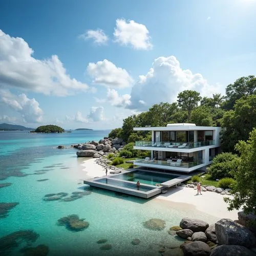 Modern "floating" Villa suspended over white sand tide pool, ocean front location., Fujifilm GFX 100S, capturing every detail and achieving unparalleled image clarity, full body shot, paranormal,this 