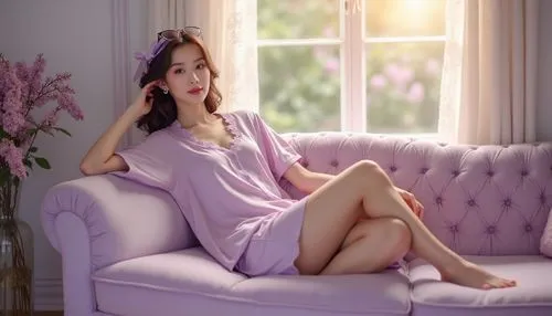 Lilac themed room, soft lilac walls, gentle morning light, cozy atmosphere, elegant lady, 25yo, relaxed pose, reclining on a plush lilac velvet sofa, wearing lilac satin pajamas, matching lilac hair r