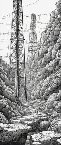 fish traps,post-apocalyptic landscape,charcoal kiln,wastewater,industrial landscape,brick-kiln,transmission tower,underground cables,concrete pipe,swampy landscape,tire track,charcoal nest,cooling tower,mine shaft,pylons,wireframe graphics,mining facility,backgrounds,sewer pipes,salt mill,Illustration,Black and White,Black and White 16