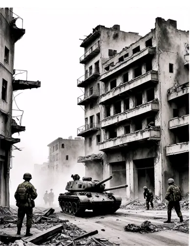 War scene, destroyed cityscape, smoke rising, ruins of buildings, abandoned tanks, soldiers in camouflage uniforms, helmets, guns, bandages, scars, facial expressions of fear and exhaustion, dramatic 