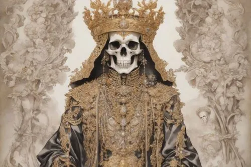 lich,skull with crown,archpriest,chasuble,patriarch,mantilla,beheshti,calavera,pontiff,nuncio,vieria,monstrance,death god,sainted,sacerdote,vestment,calaveras,reredos,archbishop,vestments,Digital Art,Ink Drawing