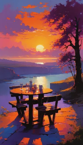 picnic table,summer evening,bench by the sea,wooden bench,evening lake,bench,picnic boat,coast sunset,park bench,sunset,landscape background,lakeside,idyllic,digital painting,benches,picnic,sunrise,red bench,world digital painting,evening atmosphere,Conceptual Art,Sci-Fi,Sci-Fi 22