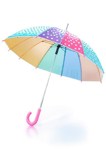 Transparent umbrella, colorful polka dots, water droplets on surface, metal handle, curved ribs, folding mechanism, detailed stitching, shiny material, reflective surface, close-up shot, soft focus, p