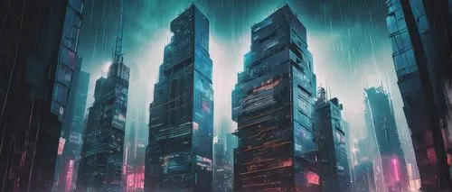 Aggressive, futuristic skyscraper, sharp edges, metallic materials, neon lights, cityscape, urban jungle, dark alleys, rainy night, misty atmosphere, towering high-rise building, complex structure, cy