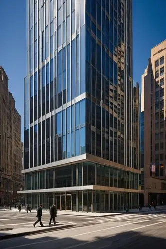 Modern skyscraper, AIA headquarters, daytime, clear blue sky, sleek glass façade, angular lines, steel beams, grand entrance, revolving doors, marble lobby, elegant chandeliers, busy streets, urban la