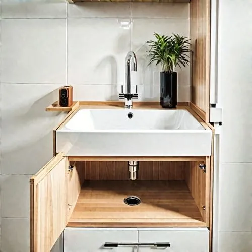 Design for a Small Sink with Cabinet:

Location:

The sink is located in the corner of the room, with one wall behind the sink and the other wall on the side.
Dimensions:

Sink width: 60 cm.
Total hei