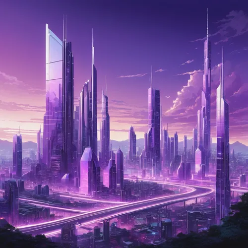 Imagine a futuristic cityscape with sleek buildings shining in lilac coloring.,futuristic landscape,fantasy city,cityscape,purple landscape,metropolis,futuristic architecture,sky city,city cities,anci