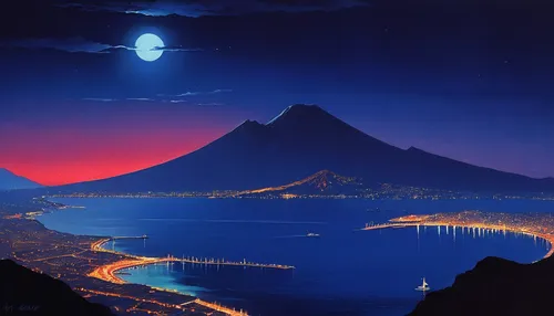 fuji,mount fuji,moonlit night,montreux,aeolian islands,mount vesuvius,blue moon,mt fuji,stromboli,fuji mountain,moonrise,vesuvius,night scene,japan's three great night views,moonlit,napali,honolulu,crescent moon,moonlight,volcanic landscape,Conceptual Art,Fantasy,Fantasy 19