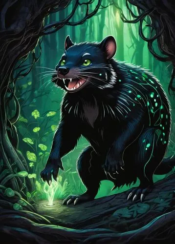 Tasmanian devil, nocturnal, glowing bioluminescent spots, bright green eyes, sharp teeth, black fur with white stripes, standing, cave entrance, dark forest, misty atmosphere, glowing mushrooms, vines