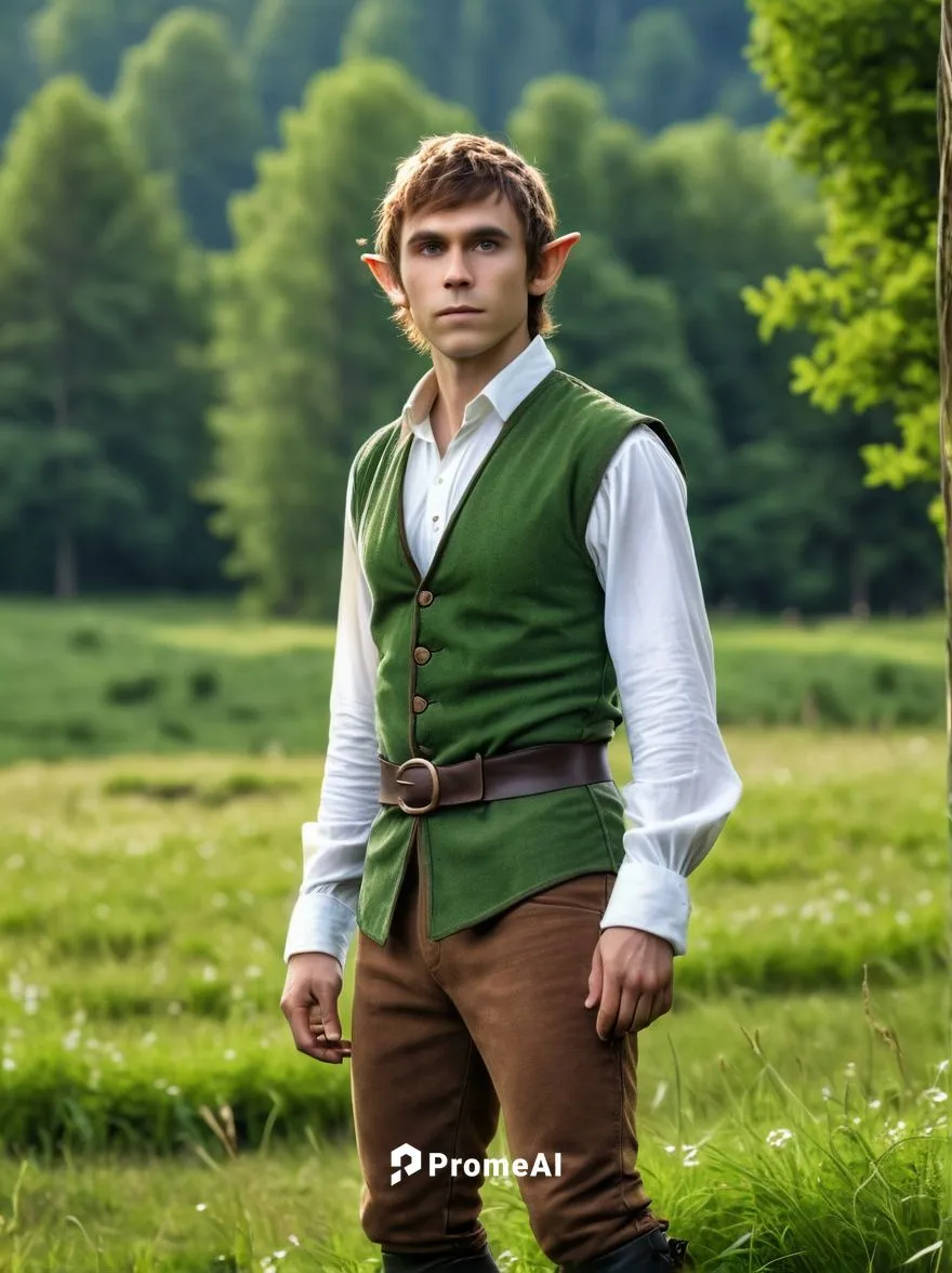 A young adult elf in a brown vest and white shirt stands amidst green meadow,male elf,fiyero,hobbit,magomed,ruffalo,kvothe,brandybuck,bilbo,elf,elfed,vronsky,peterhansel,elfin,baggins,zachares,thorrin