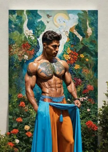 https://www.promeai.pro/design-ideas-ai-details/587362264526277-Outpainting-by-AI-Rosengarten/?vsource=i_r234gwfrs7,a man with his body painted in an artistic manner,samudragupta,venkataraghvan,ramaya