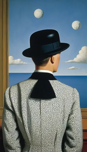 man at the sea,surrealism,grant wood,dali,spectator,thinking man,man with a computer,panama hat,pork-pie hat,trilby,morning illusion,olle gill,saucer,pompadour,surrealistic,the hat of the woman,bowler hat,advertising figure,seafarer,el salvador dali,Art,Artistic Painting,Artistic Painting 06