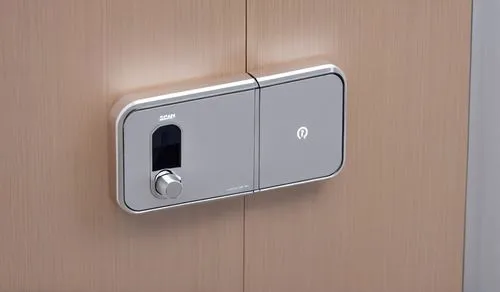 product design，a public restroom door, Toilet Indicator Lock ,a wooden door with a metal light switch on it,doorbell,door handle,door lock,deadbolts,doorbells,door trim,Photography,General,Realistic