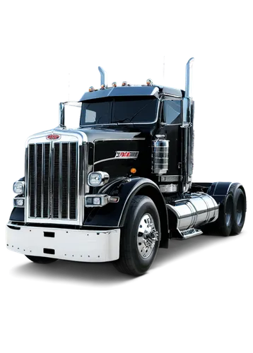 Peterbilt 389, 18-wheel semi-truck, solo, daytime, highly detailed chrome accents, shiny black paint job, custom decals, large side mirrors, exhaust pipes, steps and handrails, worn tires, alloy wheel