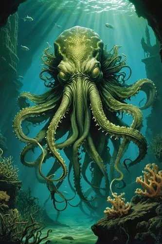 kraken,under sea,undersea,deep sea,god of the sea,octopus,calamari,cephalopod,underwater background,the bottom of the sea,sea god,bottom of the sea,marine biology,octopus vector graphic,underwater world,sea animal,marine animal,fun octopus,squid game card,cephalopods,Illustration,Realistic Fantasy,Realistic Fantasy 14