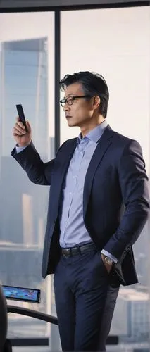 Modern conference room, corporate setting, mature businessman (40yo), suit, tie, black hair, glasses, holding a tablet, pointing at a whiteboard, standing, cityscape view, skyscraper, morning light, s