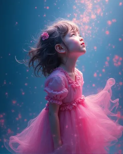 oil painting, heavy brushstrokes, paint drips, little girl dreaming, pink dress,
head tilted up, hand-drawn techniques, by Albert Seveso, natural design,
beautifully rendered and expressive rich color