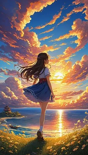 the horizon,summer sky,landscape background,sky,bocchi,tiribocchi,cielo,sunset,sea ocean,horizon,daybreak,summerwind,ocean,hoshihananomia,summer evening,little girl in wind,euphonious,ocean background,ushio,beautiful wallpaper,Illustration,Japanese style,Japanese Style 05