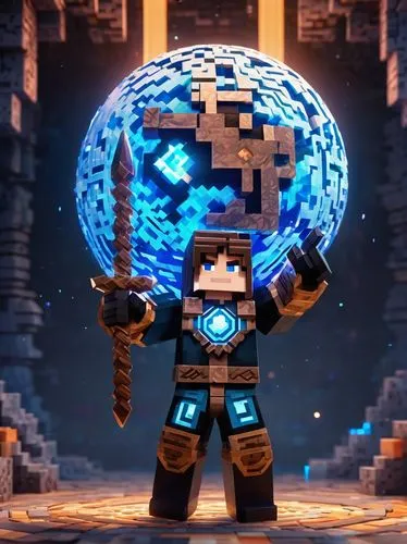 Minecraft, spherical creator, majestic pose, glowing blue eyes, messy brown hair, worn leather gloves, intricate wooden staff, mystical aura, elaborate ancient runes etched on the sphere's surface, de