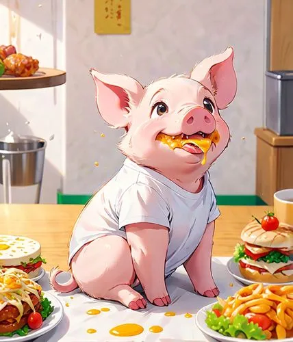 A piglet in a white t-shirt eating delicious food,pig eating cheese with other foods sitting on table,cartoon pig,kawaii pig,piglet,porc,mcdull,pork,Anime,Anime,Traditional