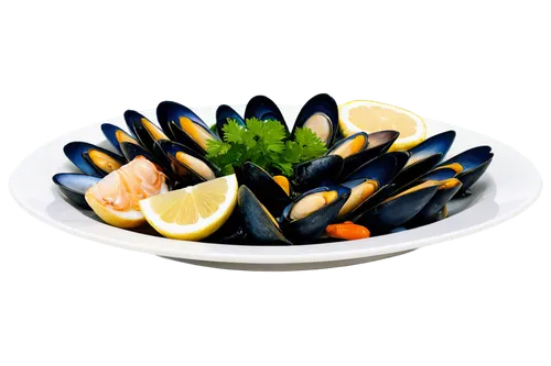 Fresh seafood, assorted platter, steamed mussels, boiled shrimp, grilled scallops, lemon slices, parsley garnish, white ceramic plate, golden utensils, natural wood table, warm lighting, shallow depth