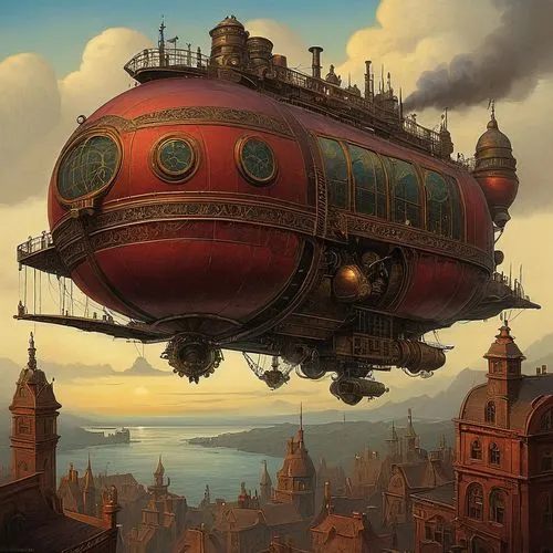 airship,airships,skyship,dirigible,steampunk,air ship,merchant train,dirigibles,skycycle,zeppelin,bathysphere,sky train,flying machine,caravel,steamboy,zeppelins,discworld,sci fiction illustration,blimp,fantasy city,Illustration,Abstract Fantasy,Abstract Fantasy 09