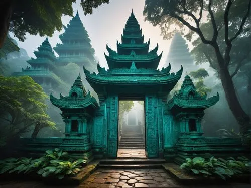 Ancient Ltu temple, intricate carvings, ornate stone walls, grand entrance gate, majestic spires, vibrant turquoise roof tiles, golden accents, mysterious mist, lush greenery surroundings, dense jungl