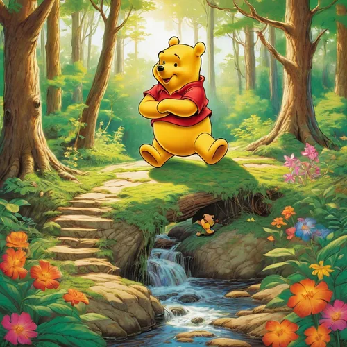 children's background,little bear,cute bear,cute cartoon image,children's fairy tale,frutti di bosco,scandia bear,cartoon forest,bear,spring background,cute cartoon character,magical adventure,fairy tale character,world digital painting,fantasy picture,shanghai disney,forest animal,po,springtime background,disney character,Illustration,Retro,Retro 02