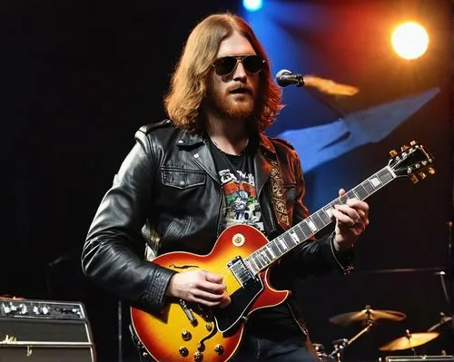 Un hombre alto, de unos 20 años de edad, cabellos largos y lisos de color rojizo, barba, chaqueta de cuero estilo años 1970 y con lentes de aviador, toca la guitarra en frente del público. Él va tocan