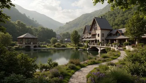 rivendell,alpine village,house in the mountains,house in mountains,house with lake,mountain settlement,butka,house by the water,oberland,riftwar,idyllic,mountain village,chalet,hameau,render,talloires,escher village,switzerlands,summer cottage,house in the forest