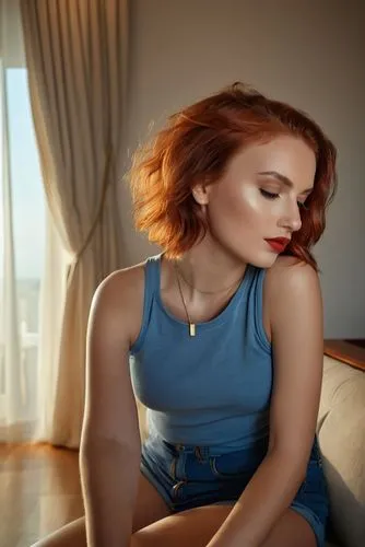 the portrait captures the majestic image of a beautiful caucasian girl, 23 years old, red hair, red lips, who now wears a blue top and mini jeans shorts sitting in a sofa in a modern living,a woman is