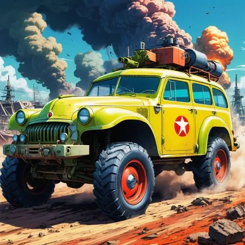 uaz,retro vehicle,cartoon car,rust truck,bomberos,cartoon video game background,Illustration,Japanese style,Japanese Style 03