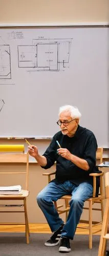 Frank Gehry, mature man, iconic architect, glasses, white hair, beard, casual wear, blue jeans, black shirt, sneakers, teaching, gesturing, passionate, university setting, modern auditorium, wooden ch