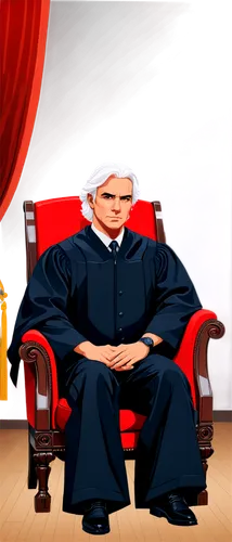 Judge, mature man, formal wear, black robe, white wig, serious facial expression, sitting, leather chair, wooden armrests, red velvet cushion, luxurious background, dim lighting, cinematic composition