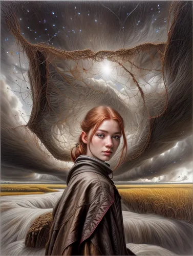 girl on the dune,sci fiction illustration,fantasy portrait,little girl in wind,fantasy art,cloak,dune,shifting dune,heroic fantasy,mystical portrait of a girl,fantasy picture,shifting dunes,dune landscape,the wanderer,wanderer,world digital painting,mammatus,the wind from the sea,viewing dune,dune 45