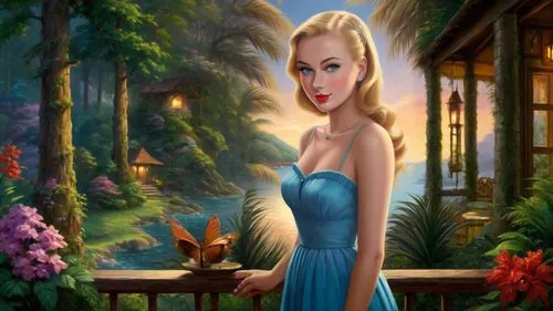 Romantic masterpiece oil painting, beautiful girl portrait, nostalgic 1950's style kitsch, vibrant rainforest, mountaintop cottage landscape, lush tropical jungle paradise, beautiful natural scenery, 