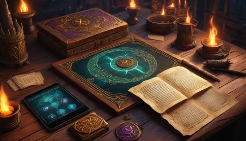 magic grimoire,divination,runes,scrolls,magic book,game illustration,tarot cards,potions,spell,prayer book,collectible card game,card game,alchemy,trinkets,treasure chest,spiral book,collected game assets,card box,candlemaker,fortune telling,Illustration,Realistic Fantasy,Realistic Fantasy 45