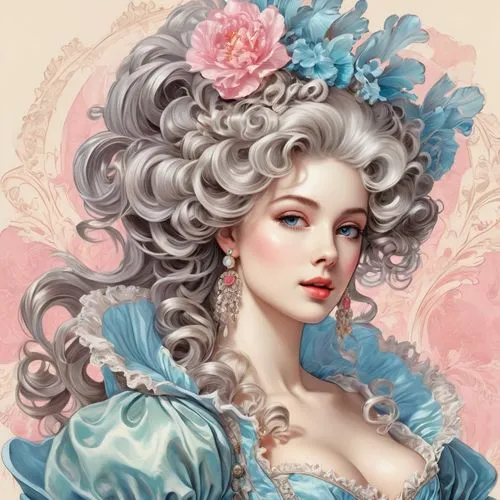 victorian lady,liselotte,porcelain rose,rococo,margaery,fantasy portrait,peignoir,antoinette,victoriana,noblewoman,blue rose,the carnival of venice,blue hydrangea,rosaline,eglantine,boudria,viveros,duchesse,margairaz,baroque,Conceptual Art,Fantasy,Fantasy 24