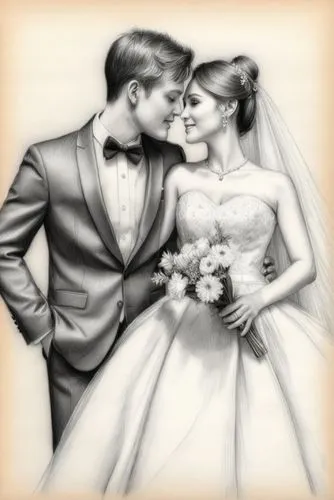 鲜花，婚纱，西服，领结,a pencil drawing of a couple wearing wedding dresses,wedding frame,bridewealth,wedding couple,wedded,wedding invitation,elopement,Illustration,Black and White,Black and White 30