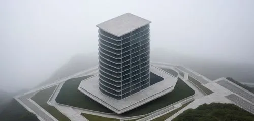 an observation building surrounded by trees in the fog,skyscraper,the skyscraper,residential tower,skyscraping,high-rise building,high rise building,Photography,General,Natural