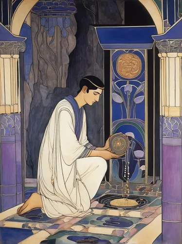 aladdin,rem in arabian nights,persian poet,orientalism,ibn tulun,aladin,watchmaker,middle eastern monk,aladha,meticulous painting,oriental painting,vintage illustration,examining,man with a computer,book illustration,arabic background,ramadan,the tablet,zoroastrian novruz,prayer book,Illustration,Retro,Retro 05