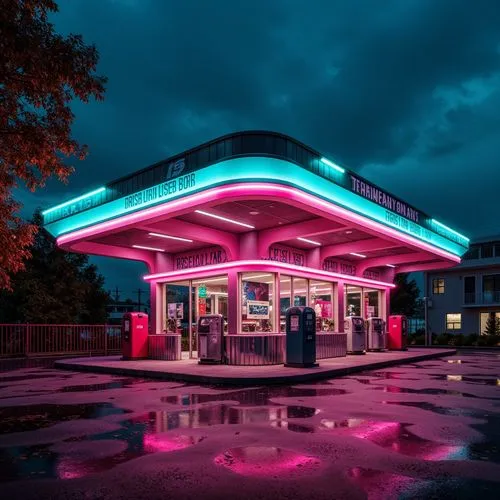 Neon-lit gas station, retro-futuristic architecture, bold color contrasts, vibrant pink and turquoise hues, metallic surfaces, angular lines, industrial materials, distressed textures, graffiti-inspir