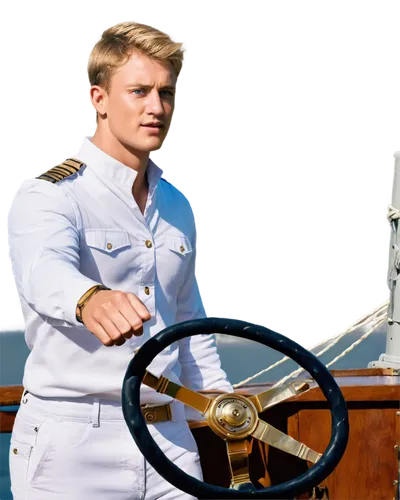 Sailor, male, adult, muscular build, short blonde hair, blue eyes, white uniform, golden buttons, epaulets, holding steering wheel, standing on ship deck, strong wind blowing, clear blue sky, sailing 