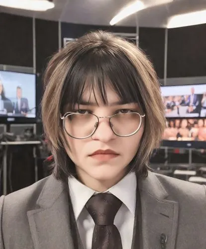 a man wearing glasses in front of television,salaryman,newswoman,newscaster,kojima,newsreader,samcheok times editor,Photography,Realistic