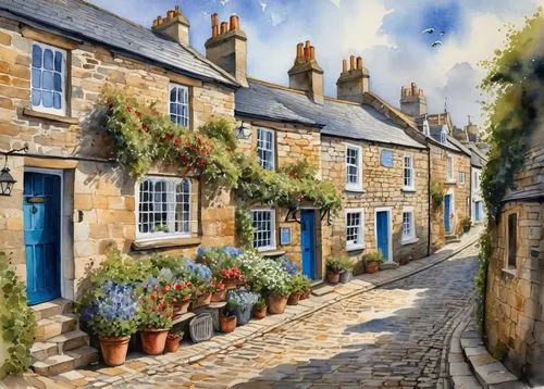 houses clipart,burford,townscapes,cottages,row of houses,robin hood's bay,the cobbled streets,stone houses,cotswold,medieval street,cotswolds,townhouses,cobbled,old houses,inglaterra,ecosse,helmsley,narrow street,angleterre,hovis,Illustration,Paper based,Paper Based 24